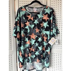 NWT LuLaRoe Irma Shirt Short Sleeve Black Teal Orange Stars Print Size Small